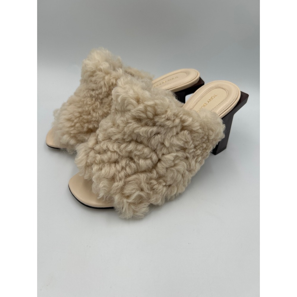 Tory Burch Cream Shearling Fur Mules Block Heel Slides Leather Sole Size 6.5
